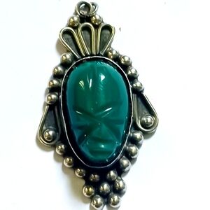 Mexico 925 Sterling Silver Carved Tribal Green Onyx Mask Filigree Pendant